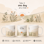 Wraparound artwork preview of the Take It One Day at a Time Coffee Mug featuring inspirational artwork with a peaceful sunrise landscape and motivational quote.