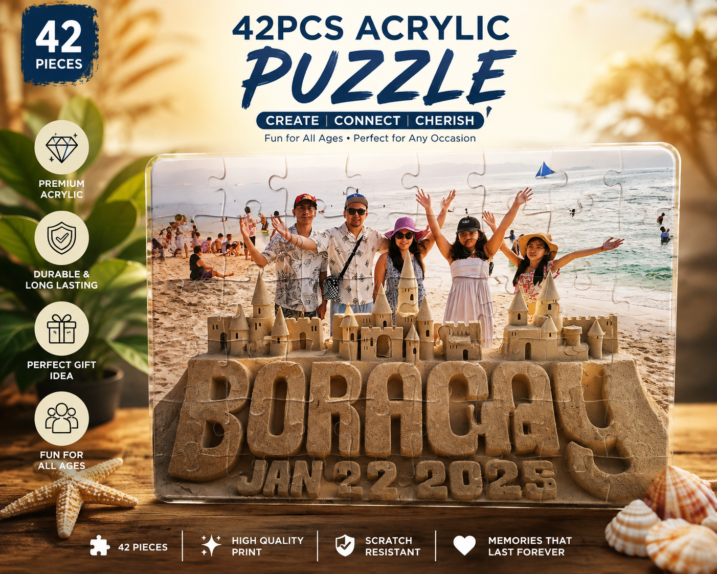 42-piece acrylic puzzle with Boracay beach sandcastle design, dated Jan 22, 2025