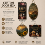 Custom UV printed wood door sign collection showing personalized rectangle, oval, round, and square hanging family signs