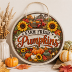 Fall round wooden door sign with colourful textured UV printing, available in 10 seasonal designs.