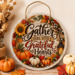 Fall round wooden door sign with colourful textured UV printing, available in 10 seasonal designs.