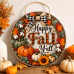 Fall round wooden door sign with colourful textured UV printing, available in 10 seasonal designs.
