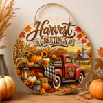 Fall round wooden door sign with colourful textured UV printing, available in 10 seasonal designs.