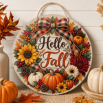 Fall round wooden door sign with colourful textured UV printing, available in 10 seasonal designs.