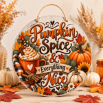Fall round wooden door sign with colourful textured UV printing, available in 10 seasonal designs.