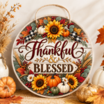 Fall round wooden door sign with colourful textured UV printing, available in 10 seasonal designs.