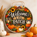 Fall round wooden door sign with colourful textured UV printing, available in 10 seasonal designs.