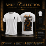 Anubis Warrior T-Shirt in white showing small front chest logo and large Egyptian Anubis warrior back graphic with black and white colour options