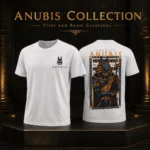 Anubis Warrior T-Shirt in white showing small front chest logo and large Egyptian Anubis warrior back graphic with black and white colour options