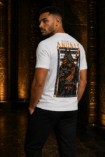 Anubis Warrior T-Shirt in white showing small front chest logo and large Egyptian Anubis warrior back graphic with black and white colour options