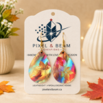 Colourful teardrop earrings with vibrant floral, fruit and seasonal printed designs