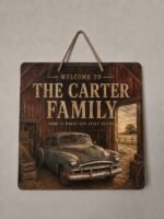 Custom UV printed wood door sign collection showing personalized rectangle, oval, round, and square hanging family signs