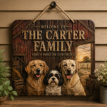 Custom UV printed wood door sign collection showing personalized rectangle, oval, round, and square hanging family signs