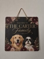 Custom UV printed wood door sign collection showing personalized rectangle, oval, round, and square hanging family signs