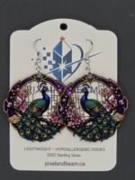 A pair of Majestic Peacock Acrylic Earrings featuring UV‑printed peacock artwork with 925 Sterling Silver hooks.