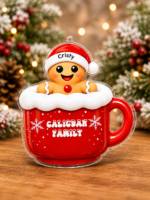 Personalized gingerbread mug ornament showing acrylic Christmas ornament options for families with 1 to 6 gingerbread characters and custom names