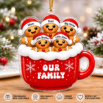 Personalized gingerbread mug ornament showing acrylic Christmas ornament options for families with 1 to 6 gingerbread characters and custom names