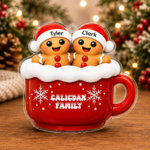 Personalized gingerbread mug ornament showing acrylic Christmas ornament options for families with 1 to 6 gingerbread characters and custom names