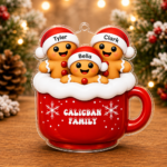 Personalized gingerbread mug ornament showing acrylic Christmas ornament options for families with 1 to 6 gingerbread characters and custom names