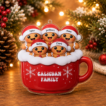 Personalized gingerbread mug ornament showing acrylic Christmas ornament options for families with 1 to 6 gingerbread characters and custom names