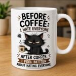 Funny Coffee Lover Mugs featuring colourful animal characters and coffee-themed sayings on white ceramic mugs