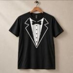Black tuxedo graphic t-shirt with white tuxedo jacket, dress shirt, and bow tie design