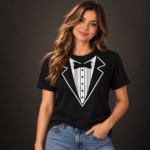 Black tuxedo graphic t-shirt with white tuxedo jacket, dress shirt, and bow tie design