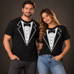 Black tuxedo graphic t-shirt with white tuxedo jacket, dress shirt, and bow tie design