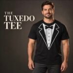 Black tuxedo graphic t-shirt with white tuxedo jacket, dress shirt, and bow tie design