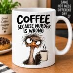 Funny Coffee Lover Mugs featuring colourful animal characters and coffee-themed sayings on white ceramic mugs
