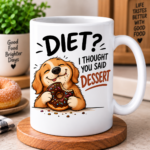 Foodie Pun Mugs featuring funny taco, pizza and dessert-inspired designs on white ceramic mugs