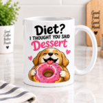Foodie Pun Mugs featuring funny taco, pizza and dessert-inspired designs on white ceramic mugs