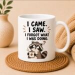 Sarcastic everyday life mugs featuring funny raccoon, grumpy cat and owl designs on white ceramic mugs.
