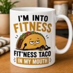 Foodie Pun Mugs featuring funny taco, pizza and dessert-inspired designs on white ceramic mugs