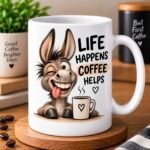 Funny Coffee Lover Mugs featuring colourful animal characters and coffee-themed sayings on white ceramic mugs