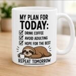 Work & Adulting Humor Mugs featuring funny workplace and everyday life sayings on white ceramic coffee mugs