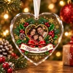Personalized Christmas Heart Crystal Ornament with family photo, family name and festive holiday design