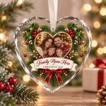 Personalized Christmas Heart Crystal Ornament with family photo, family name and festive holiday design