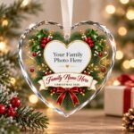 Personalized Christmas Heart Crystal Ornament with family photo, family name and festive holiday design