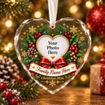 Personalized Christmas Heart Crystal Ornament with family photo, family name and festive holiday design