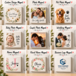 Personalized canvas magnet print collection showing custom photo, pet, baby, couple, wedding, name, floral, and business logo designs