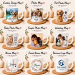 Personalized custom mug collection showing photo, pet, wedding, baby, name, floral, custom design and business logo options