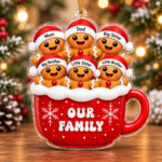 Personalized gingerbread mug ornament showing acrylic Christmas ornament options for families with 1 to 6 gingerbread characters and custom names