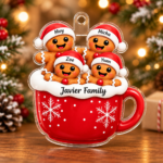 Personalized gingerbread mug ornament showing acrylic Christmas ornament options for families with 1 to 6 gingerbread characters and custom names