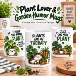Plant lover mugs featuring funny garden humor designs on 11 oz ceramic coffee mugs