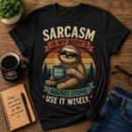 Funny sarcastic graphic t-shirt collection featuring animal, coffee, camping, and humorous designs