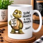Funny Coffee Lover Mugs featuring colourful animal characters and coffee-themed sayings on white ceramic mugs