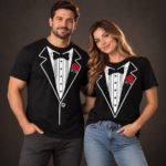 Male and female models wearing black tuxedo graphic t-shirts with white bow tie and jacket design