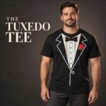 Black tuxedo graphic t-shirt featuring white formal tuxedo design with red rose boutonniere