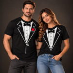 Male and female models wearing black tuxedo graphic t-shirts with white bow tie and jacket design